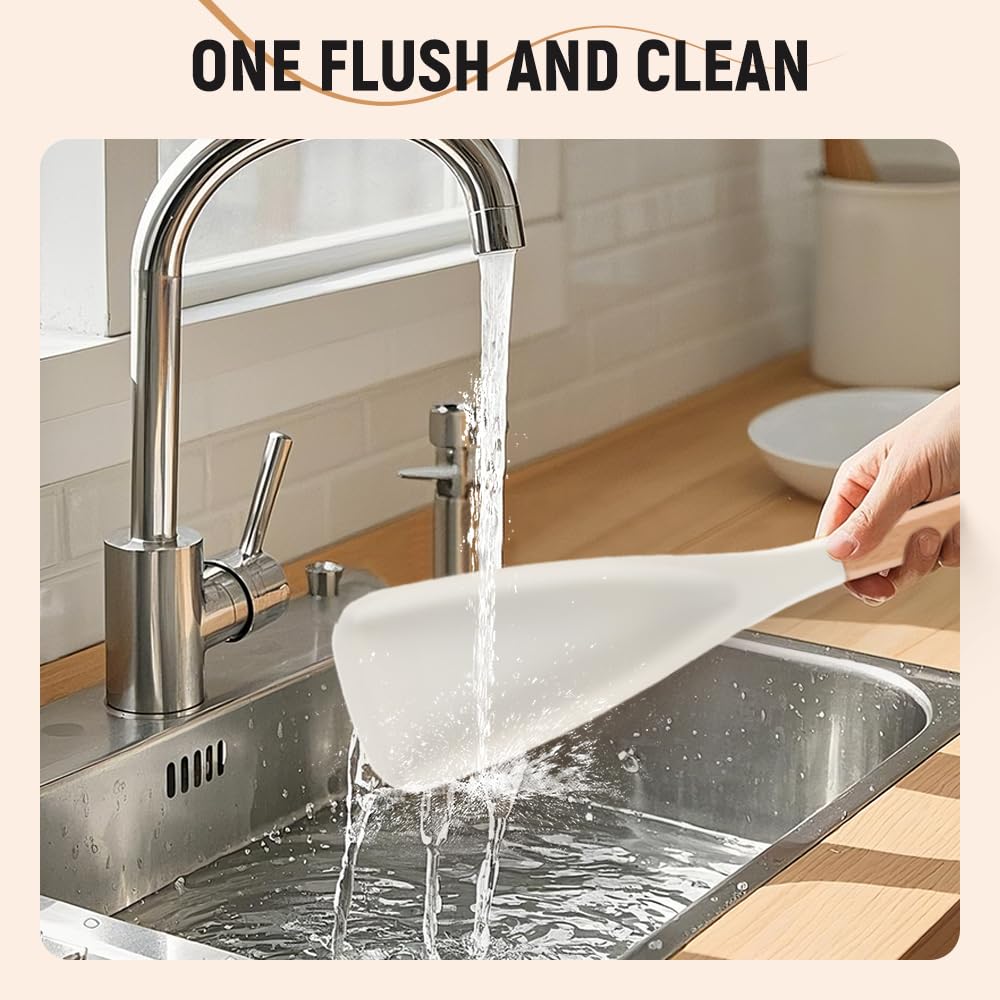 Silicone Cooking Spoon for Nonstick Cookwares,Durable BPA-Free,Rice Scooper,Wood Handle Spoon for Mixing Salad,Scoop,Scrape