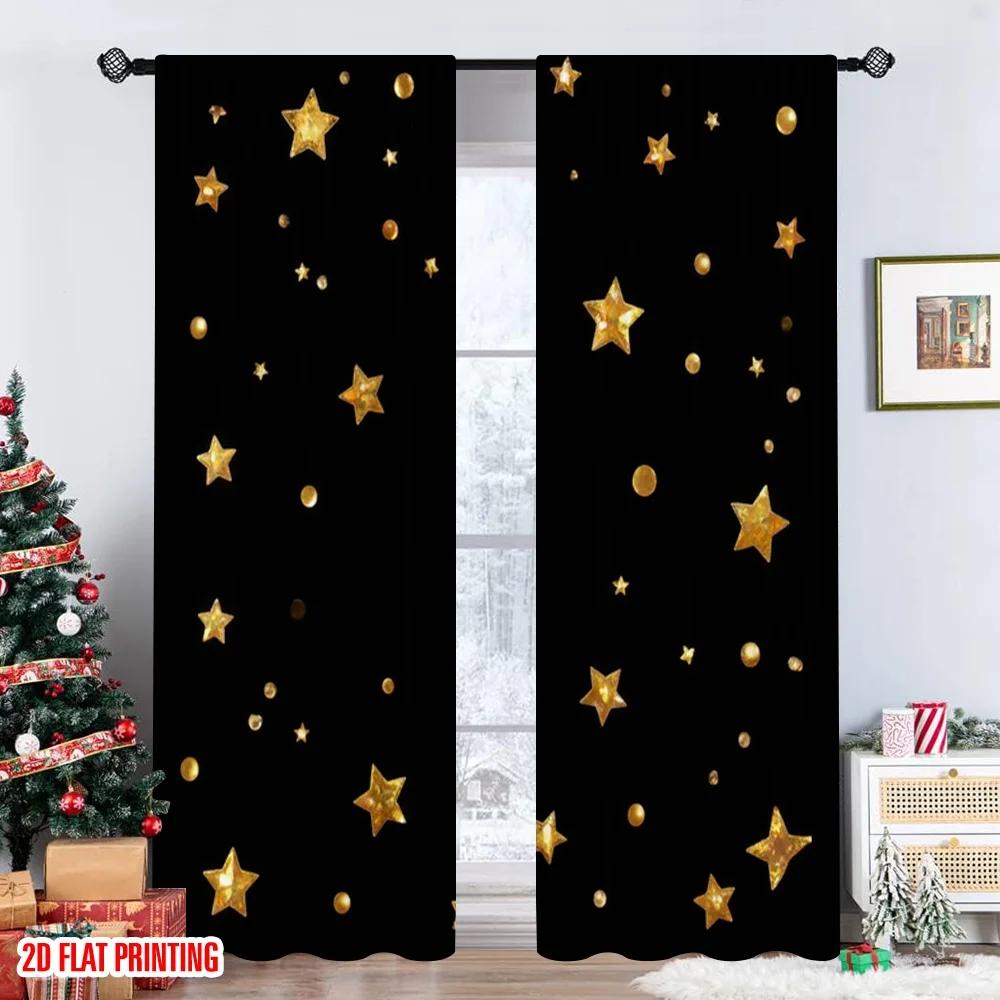 Flat Printing Window Drapes Golden Glitter Stars Digital Printed Polyester Holiday Decorations Use Oversized Curtains Set Of 2 Made