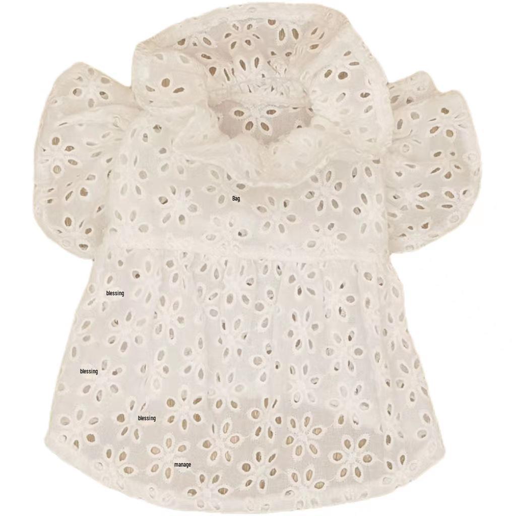 Pet Tulle Dress: Cotton Hollow-Out Lace Top with Flutter Sleeves & Ruffle Collar