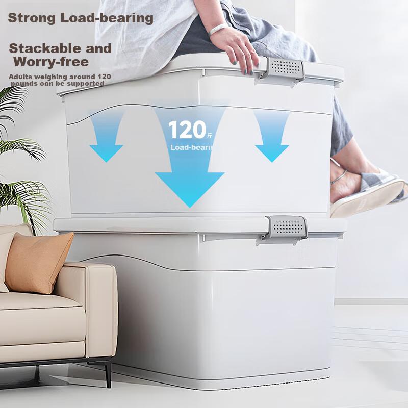 Baicaoyuan Plastic Clothing Storage Box, Toy Storage Box, 52L, Porcelain White, 1 Piece with Wheels