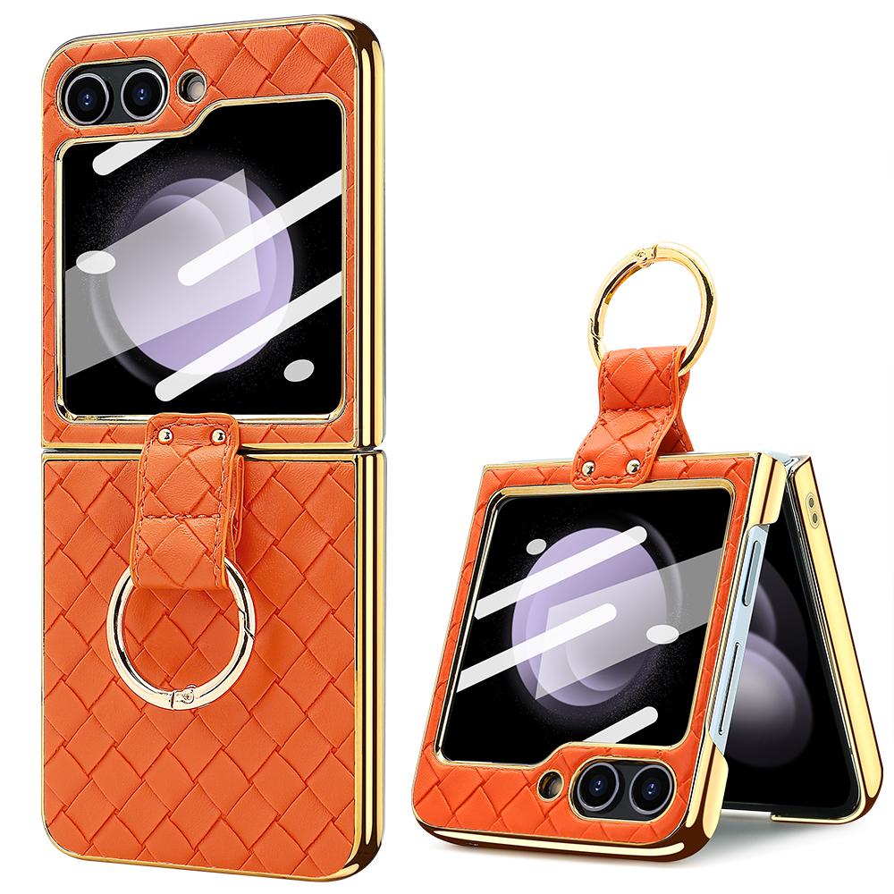 VIETAO Gold Electroplated Phone Case Cover With Finger Ring For Samsung Galaxy Z Flip 6 Flip 5 Flip 4 Flip 3 Back Screen Film