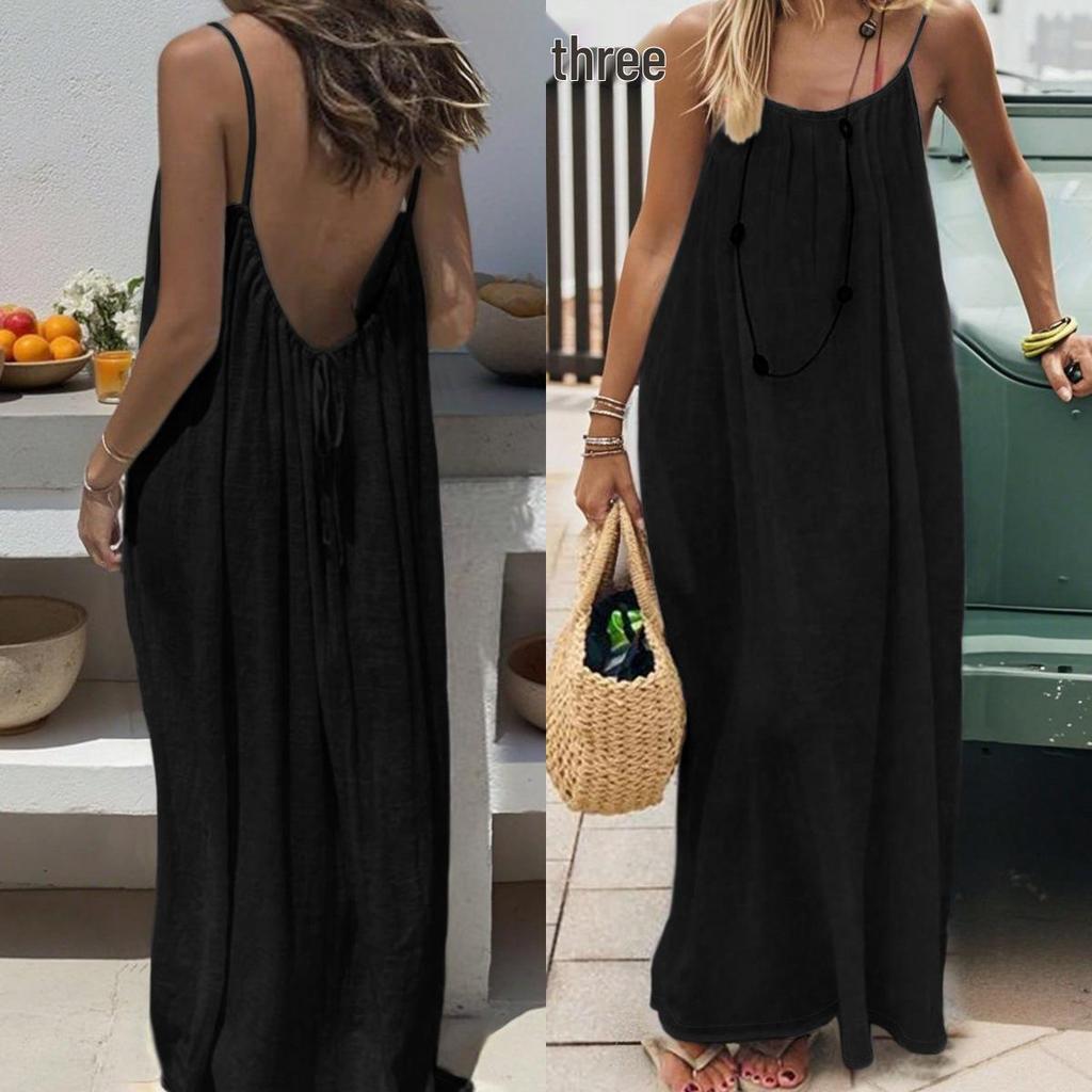 Backless Strappy Long Ice Silk Crinkle Dress - Summer 2026 Solid Color Shirring Beach Vacation Women's Clothing
