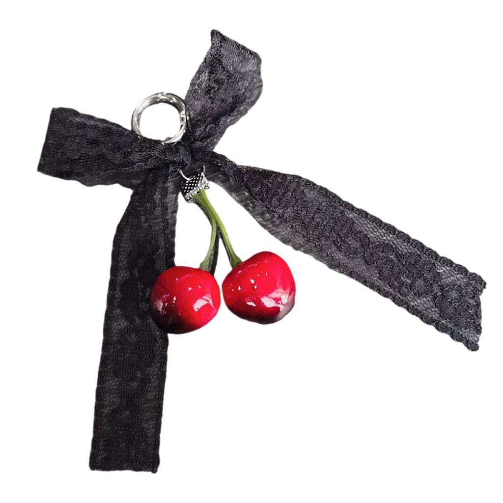 Cherry Pendant Keychain With Bowknot Fashionable Cherry Keychain with Pearlescent Bowknot Accents for Trendsetters