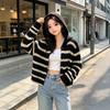 Women's Black Almond Stripe Hooded Knit Cardigan - Slimming Loose Fit, Button-Up Autumn/Winter Jacket
