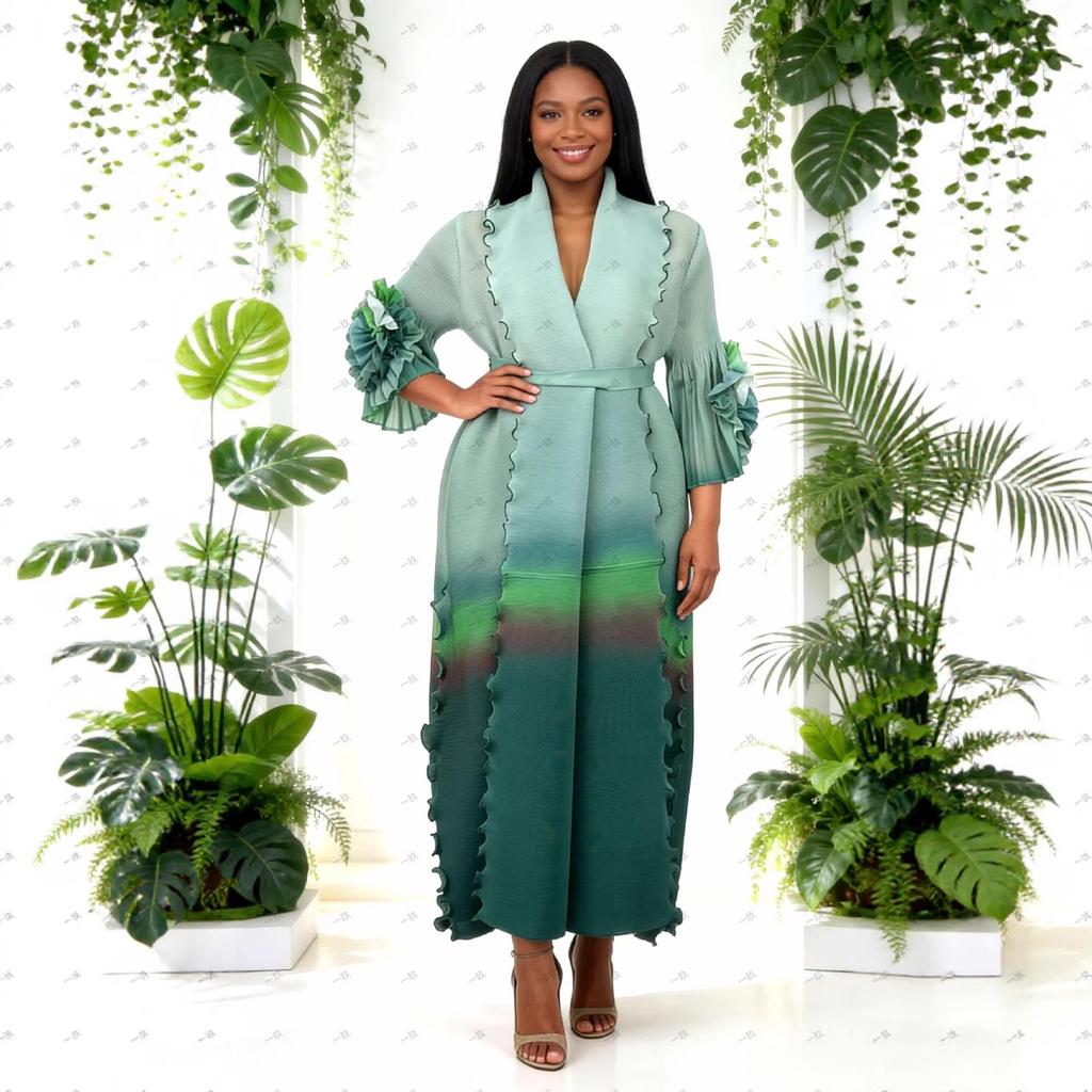 Miyake Women's Tie-Waist Gradient Ruffled Long Coat and Skirt Set - Ideal for Spring and Autumn