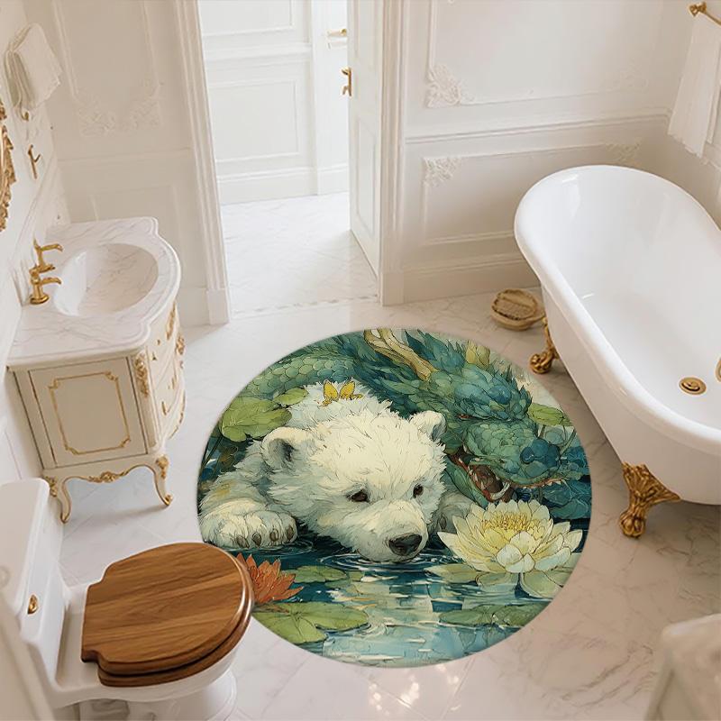 Pond Lotus Animals,Round Area Rug,Carpet Rug for Living Room Bedroom Sofa Playroom Decor,Non-slip Floor Mat