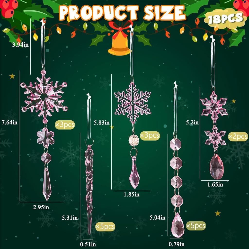 18-Piece Christmas Tree Decoration Set: Crystal Snowflakes & Icicle Ornaments