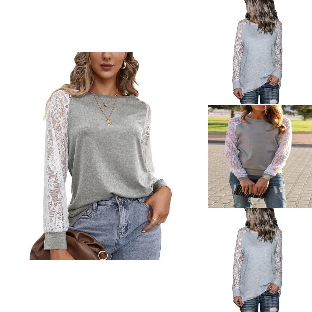 Korean Style Womens Lace Panel Long Sleeve Slim Fit Blend Round Neck Casual Top