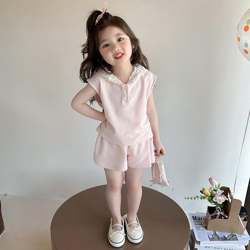 

Летний комплект для девочек, детский кружевной комплект из двух предметов без рукавов, модная летняя одежда для малышей 140 розовый