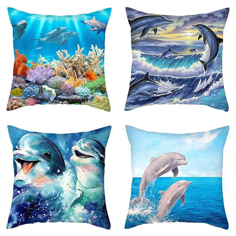 Dolphins In Ocean Underwater Surfing Scenes Pattern Cushion Cover Suitable for Sofa Bedroom Car Pillow Cover
