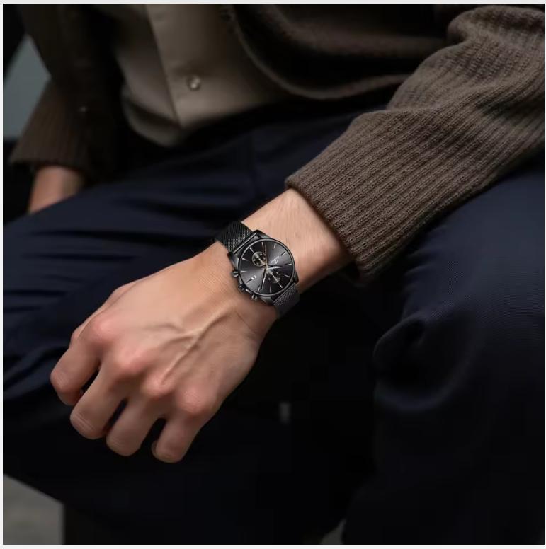 CalmTick Fashion Business Pointer Quartz Watch with Stopwatch Luminous Waterproof Metal Strap