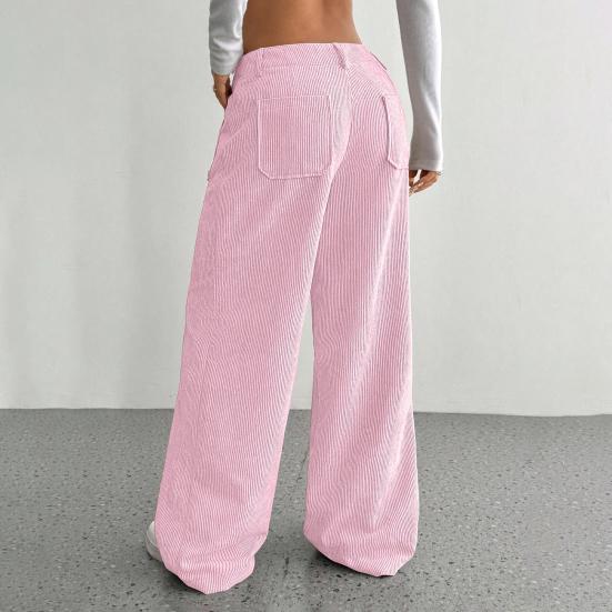 Damesbukser Lav midje Glidelås Knappgylf Rette Vide ben Lange Bukser med Lommer Ensfarget Ribbestrikket Fritidsbukser