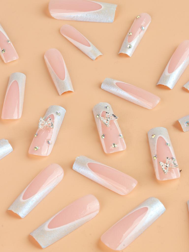 Uñas de Uso Diario Estilo Ins Europeo y Americano Manicura Francesa Larga Mariposa + Parche de Uñas Uñas Postizas