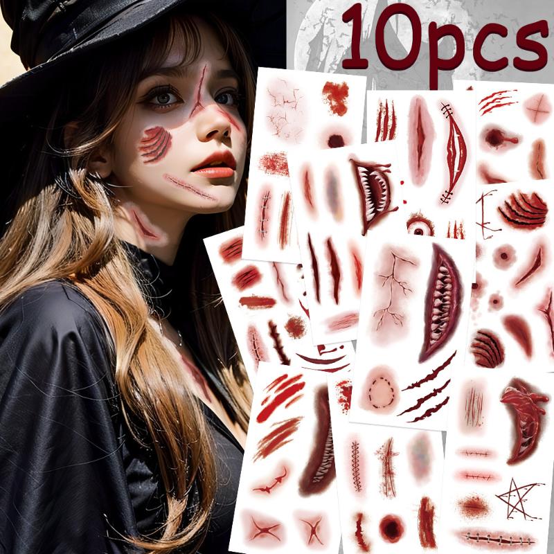 10 Sheets 3D Realistic Scar Tattoos Waterproof Fake Bloody Wound Stickers For Halloween Cosplay Face Body Makeup Adults