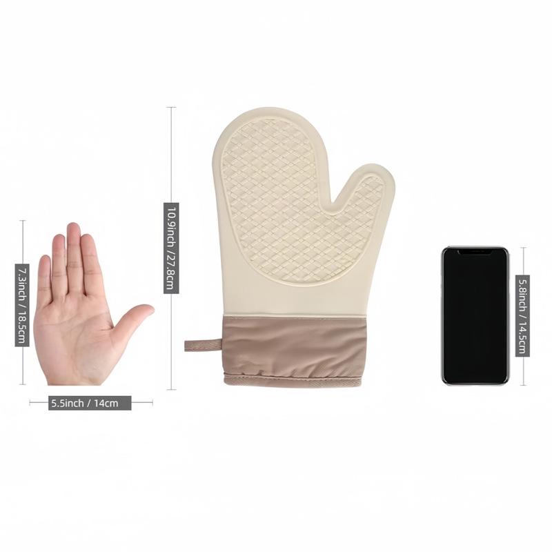 Auf Lager Beige Silikon Hitzebeständige Rutschfeste Ofenhandschuhe: Hitzebeständig, dick gepolstert mit Baumwolle, ideal zum Backen.
