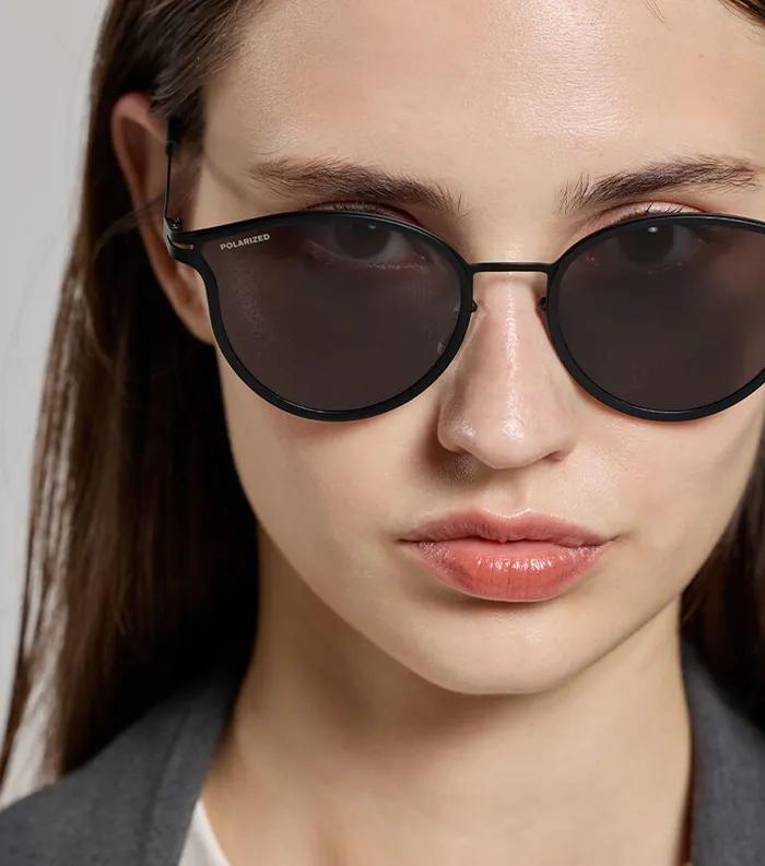 HUNTER_[WOMAN] Round Thin Metal Sunglasses - Black Polarized HTB22