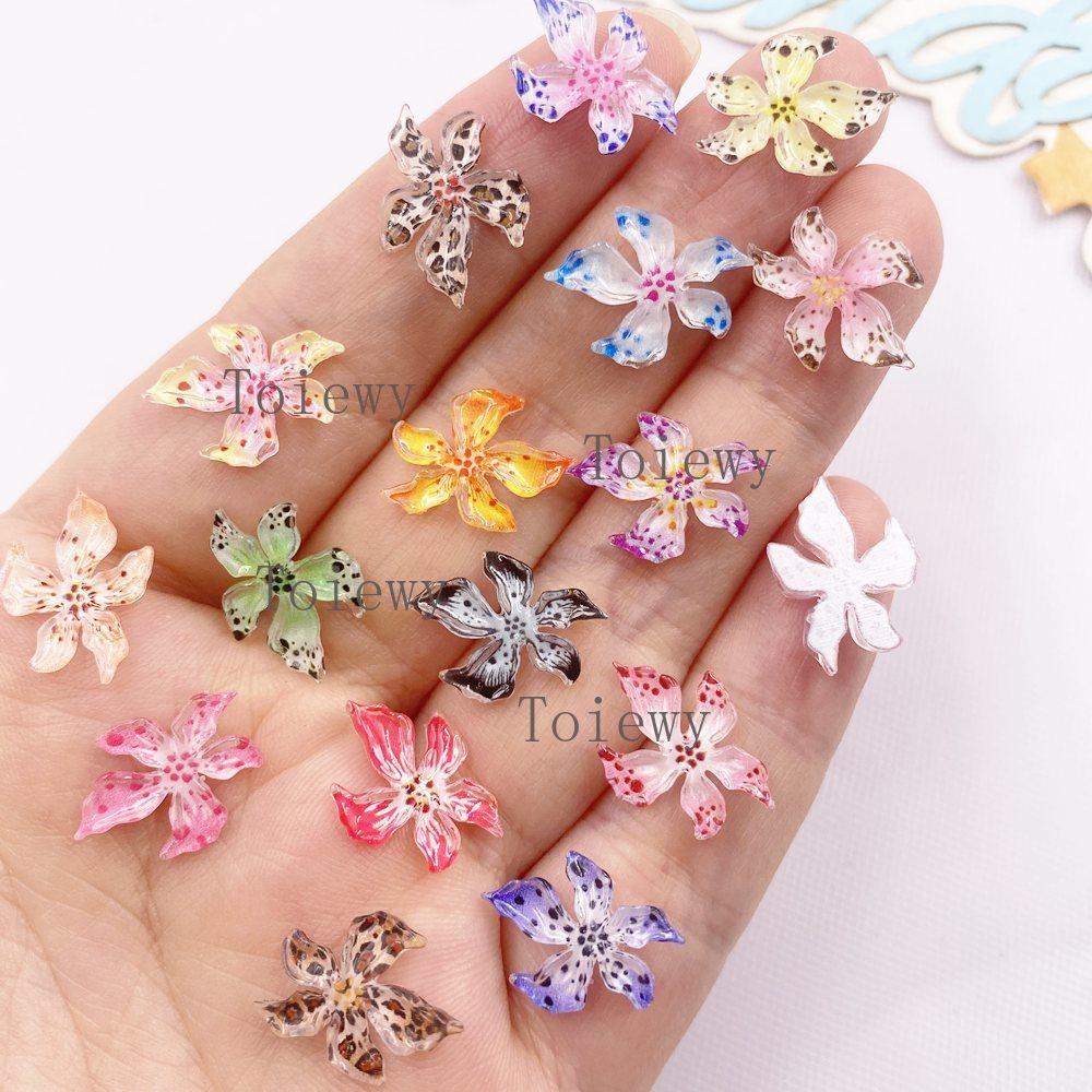 50Pcs 16mm Resin Cute Glitter Colorful Soft Lily Flower Flatback Rhinstone Scrapbook Wedding Nail Applique Ear Stud Decor Crafts