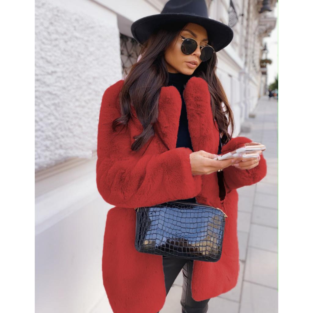 Damenmantel Winter Verdickter warmer Kunstpelzmantel Mittellanger Revers-Damenmantel