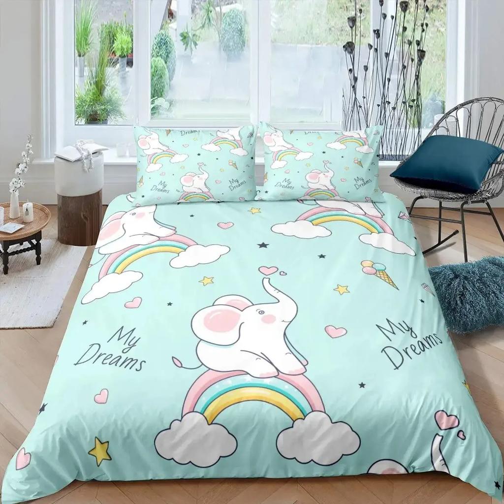 Elephant Duvet Cover Set for Girl Lovely Cartoon Animals Elephant with Butterfly and Bird Bedding Set Comforter Cover Queen Size
