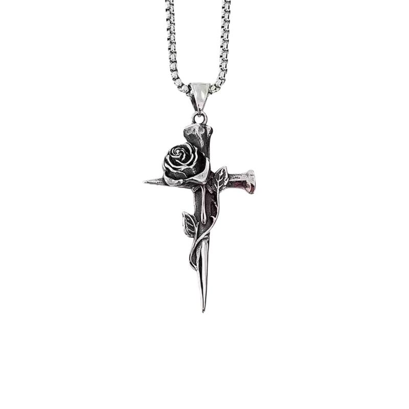 Fashion Vintage Rose Cross Pendant Necklace for Women Men Punk Goth Jewelry Chain for Romantic