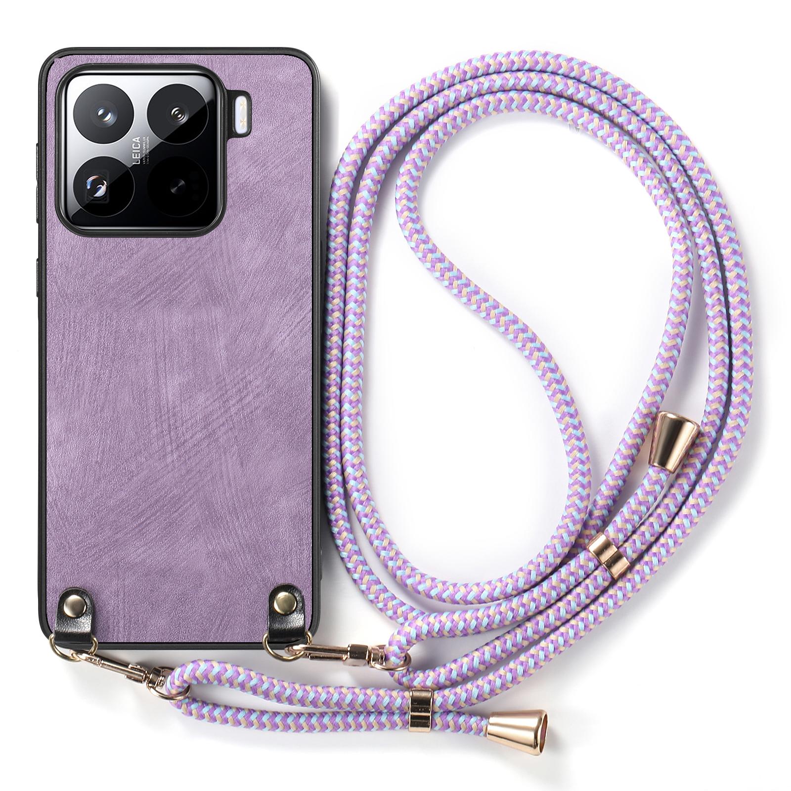 

For Xiaomi 15 Case Retro Texture Leather Coated PC+TPU Phone Cover with Hanging Rope Purple