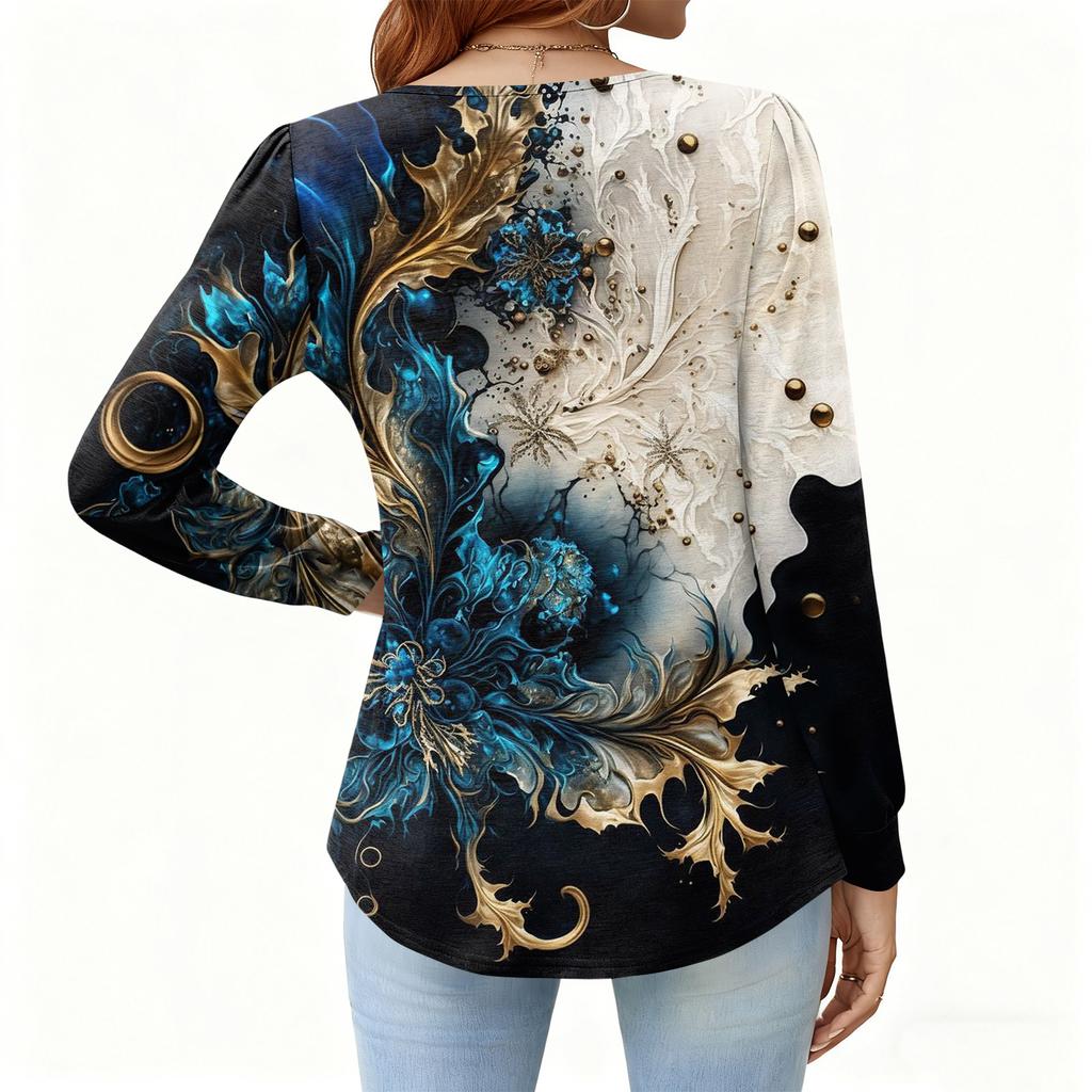 Women's Relaxed,Fit V,Neck Vintage Color,Blocked Floral Print Long,Sleeve Pullover Tee