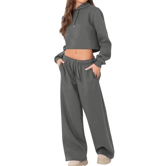 Women 2 Piece Outfits Long Sleeve Crop Hoodies Sweatsuits Casual Pullover Sweatshirts And Long Pants Set with Pockets