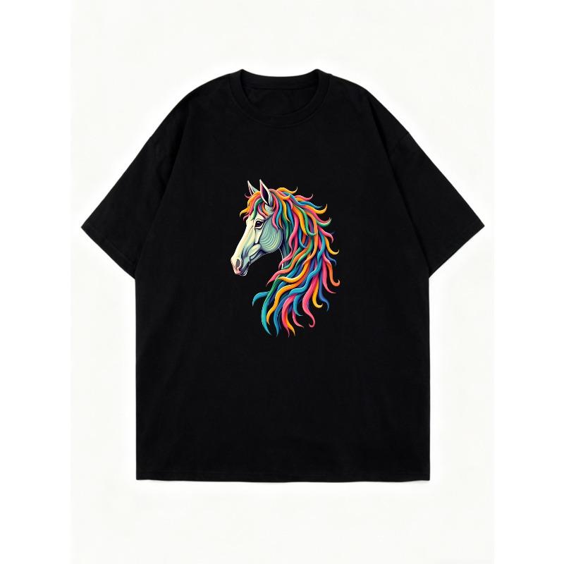 Oversized T Shirt Black Rainbow Horse Print Casual Wear For Women Fashion Statement Piece Street Style Outfit Summer Top Graphic Tee