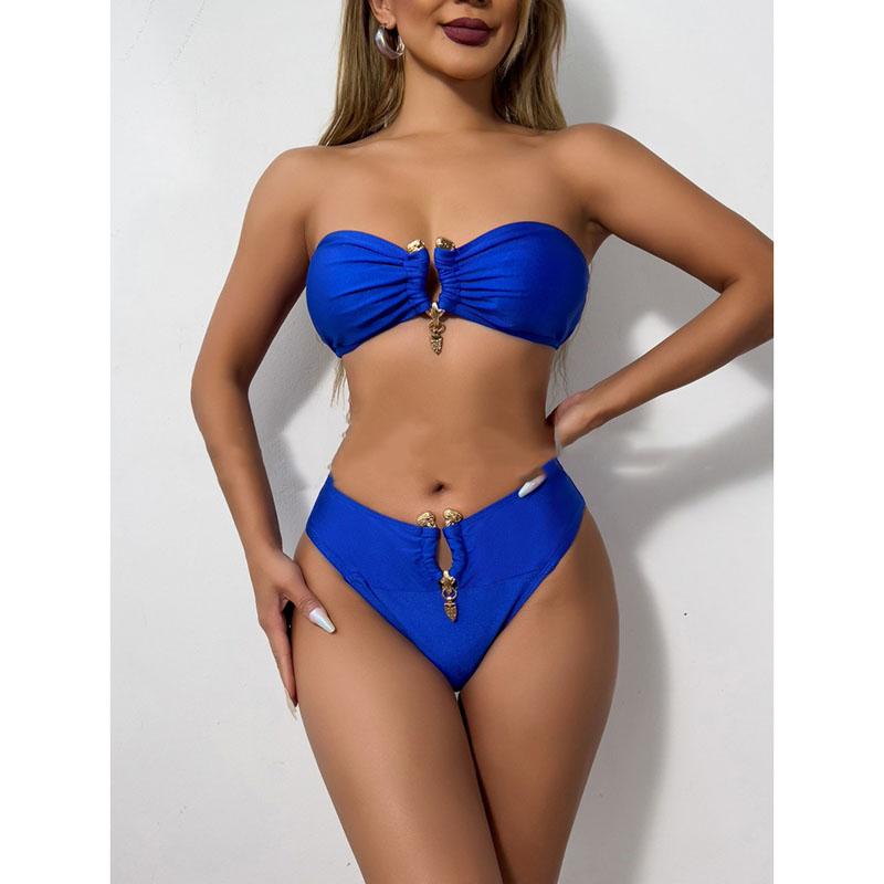 

Женский сексуальный купальник-бандо без бретелек из 2 предметов, топ-труба и стринги с высокой талией, комплект бикини, однотонный пляжный купальный костюм M синий