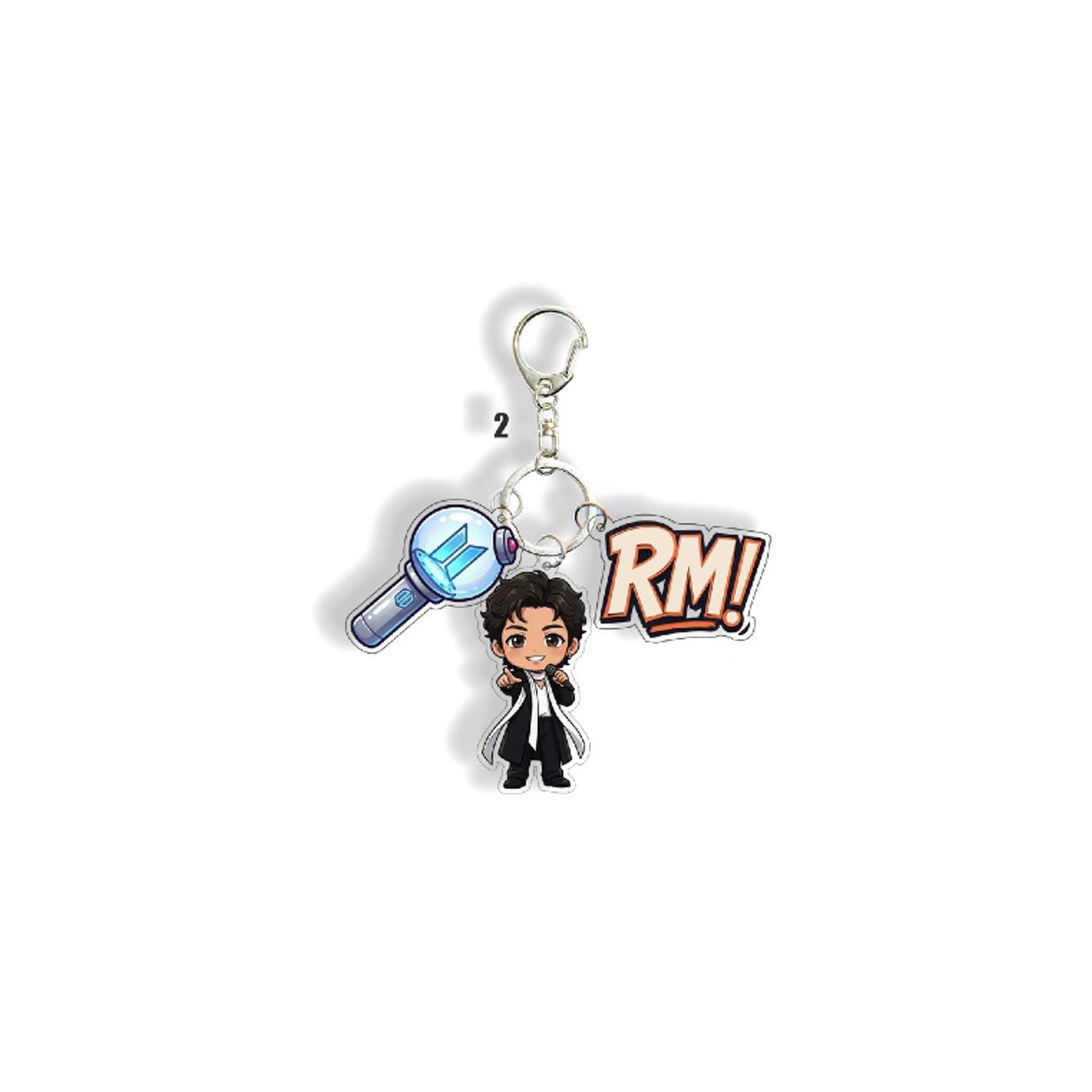 BTS 3-Charms Schlüsselanhänger, Bangtan Boys Cartoon-Figur mit Lightstick & Namensschild, Kpop ARMY Fans Tasche Anhänger(Jin RM Suga Jimin V J-Hope Jungkook) RM