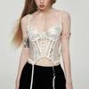 Mesh Transparent Satin Lace-up Corset Sleeveless Slim Crop Tops Suspender Vest  Spring Summer