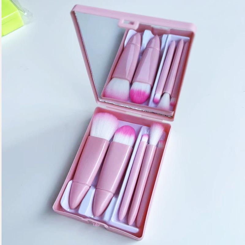 5-Piece Portable Makeup Brush Set with Mirror: Includes Eyeshadow, Loose Powder, Blush, and Concealer Brushes