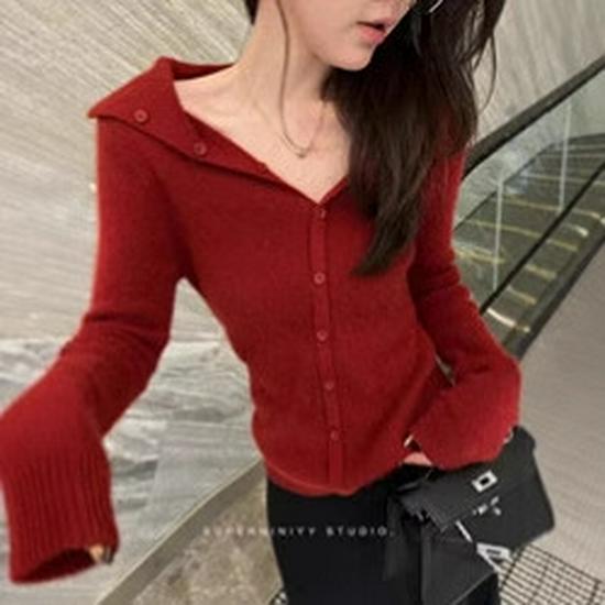 Women's Elegant Navy Collar Pure Wool Knit Cardigan Sweater
