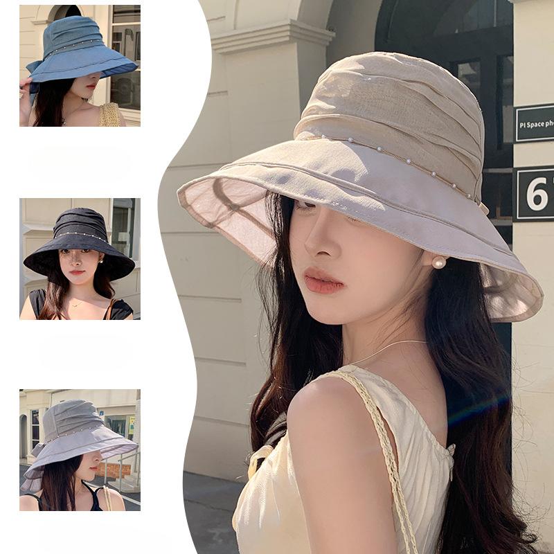 Korean Style Versatile Summer Pleated Sun Hat Pearl Chain Fisherman Hat Women Tulle Sun Hat Big Brim Trendy