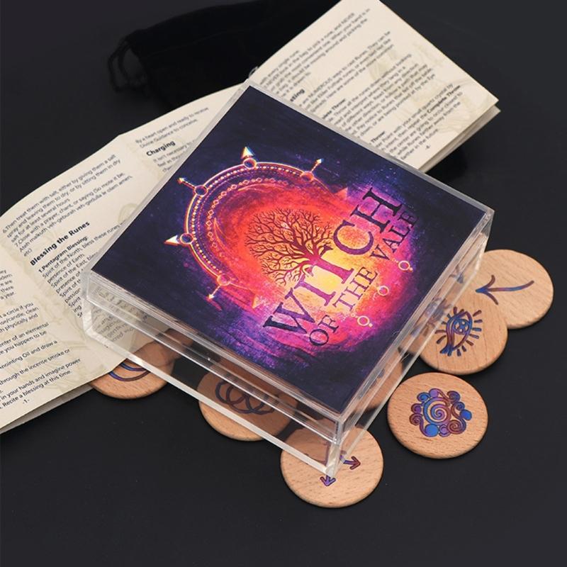 Hand Carved Wooden Runes Symbols Set Divination Runes Stone with Instruction and Storage Bag Heal Gift Decoration