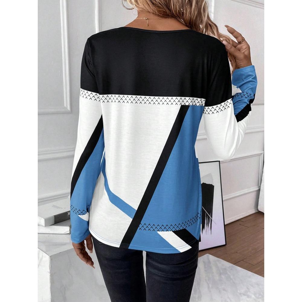 GMXIA Women's Pullover Round Neck Color Contrast Patchwork Geometric Print Top T-shirt