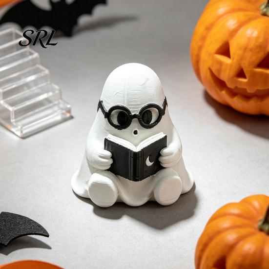Cute Ghost Decor Halloween Figurine, Holding Coffee/Book/Record Resin Statue, Trendy Interior Soft Furnishings Spooky Tabletop Ornament for