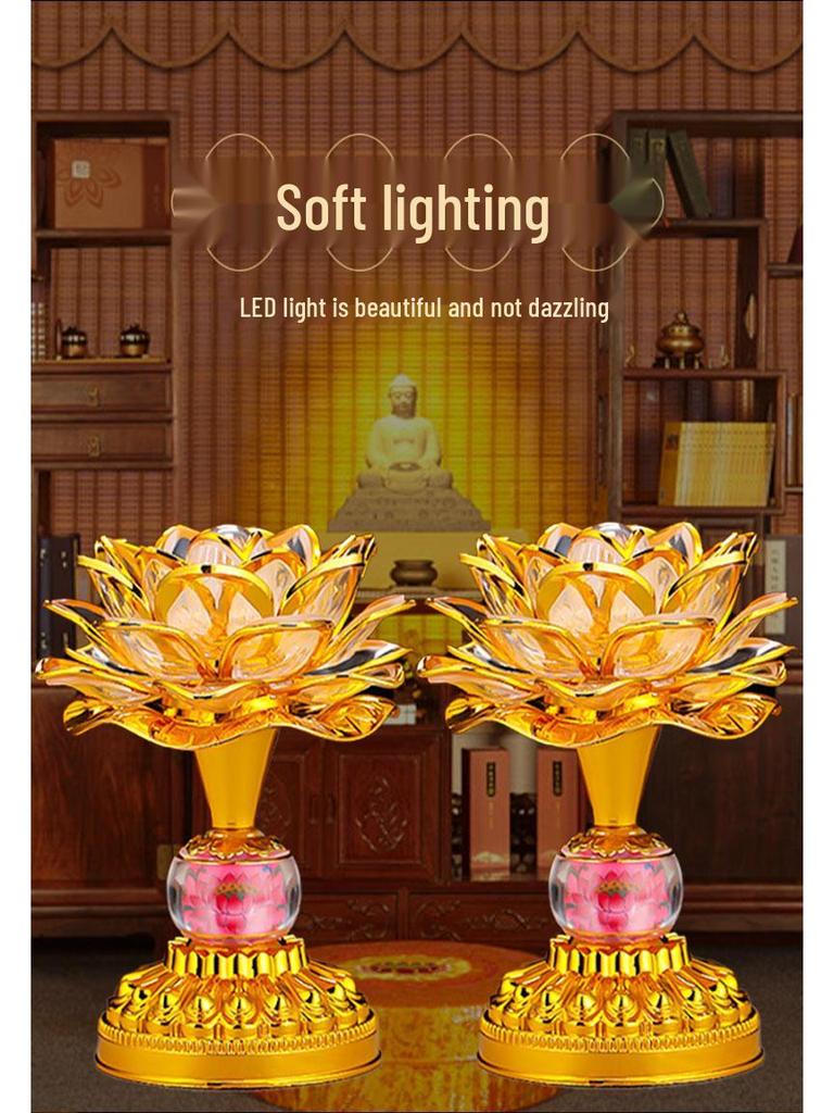 Seven-Color LED Rechargeable Buddha Offering Lamp - Lotus Design for Home and Guanyin Devotion.