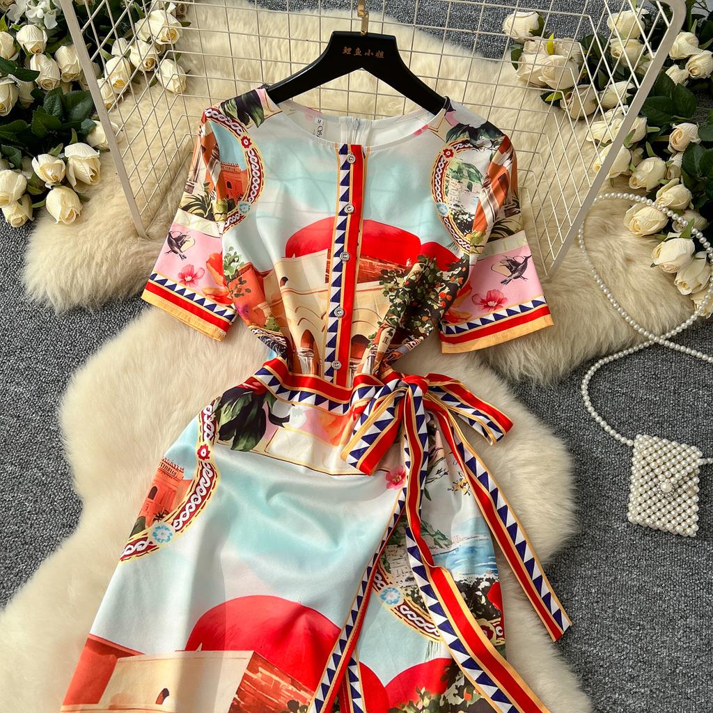 Sommer Damen Designer Vintage Print Laufstegkleid Kurzarm Schnürung Slim Bodycon Party Bleistiftkleider