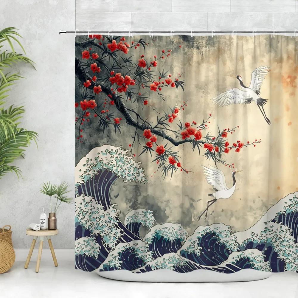 Asian Shower Curtain Ink Painting Crane Cherry Blossoms Japanese Woman Koi Panda Modern Polyester Fabric Bathroom Decor Curtain