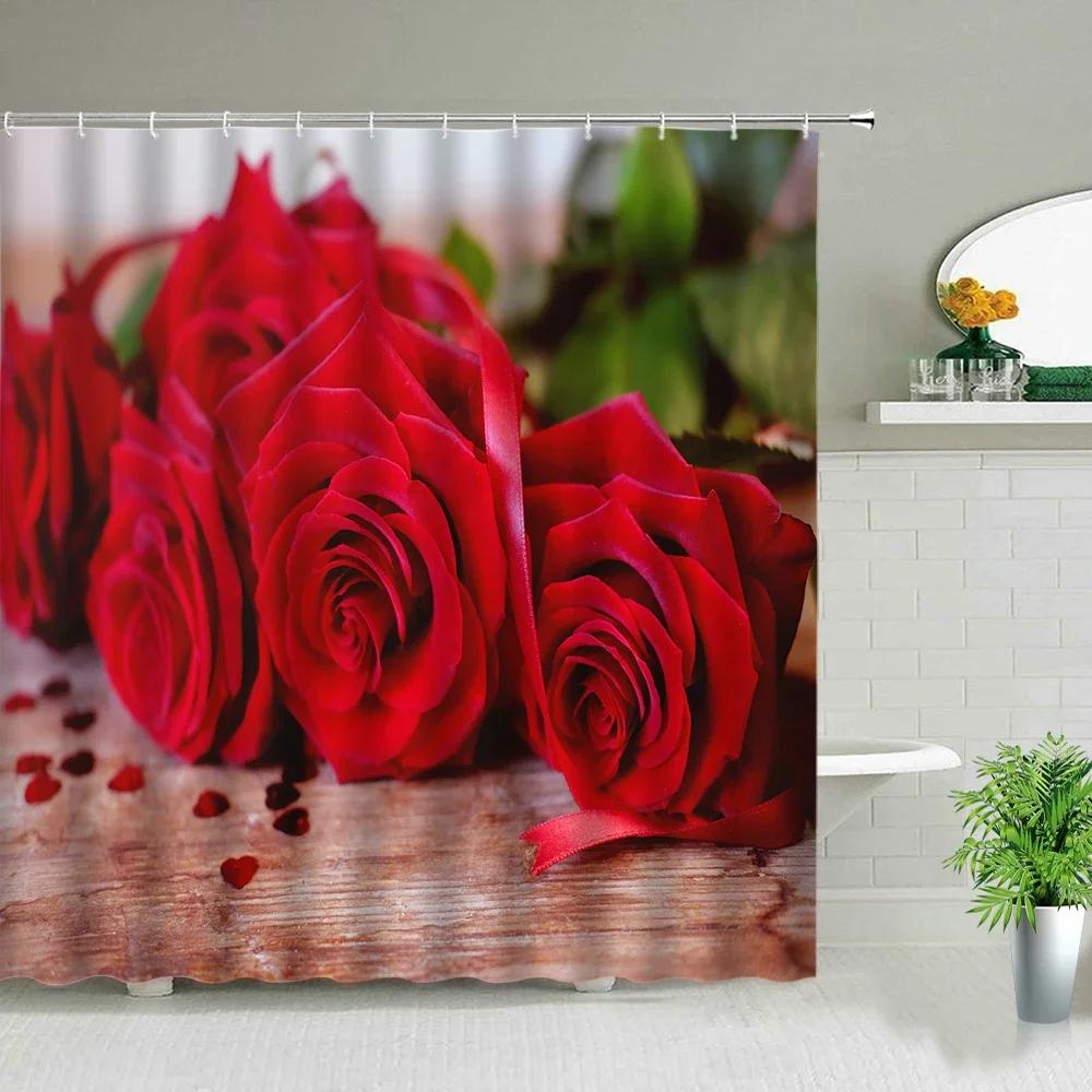 Romantic Rose Shower Curtain Set - Vibrant Red & Purple Floral Designs for Elegant Bathroom Décor, Waterproof & Easy Care
