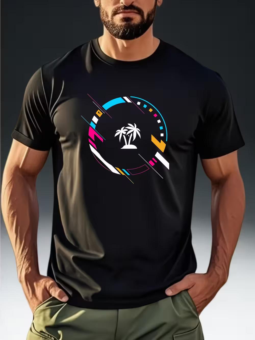 

Men S Short-Sleeve T-Shirt Featuring Contrasting Color Stripes And Circular Elements S