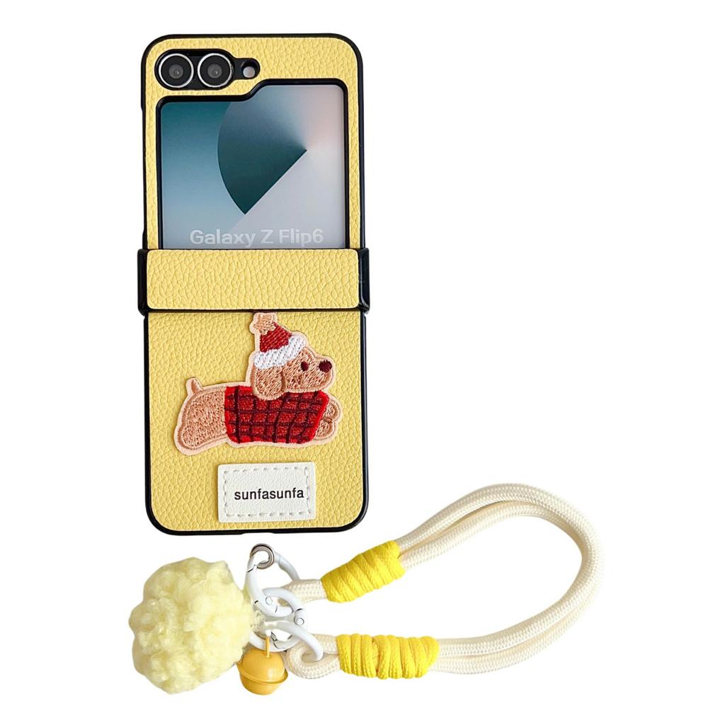 For Samsung Galaxy Z Flip6 5G Case Cute Dog Hinge Protection Litchi Texture Phone Cover with Wrist Strap