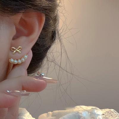 Bow Pearl Earrings Compact Fashion Stud Earrings Light Luxury High Sense Versatile Ins Earrings Women