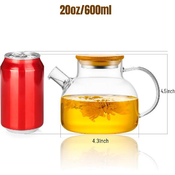 PARACITY Glass Teapot Stovetop 20 OZ/600ml, Borosilicate Clear Tea Kettle with Bamboo Lid, Glass Tea pot with Removable Filter Spout, Teapot Blooming