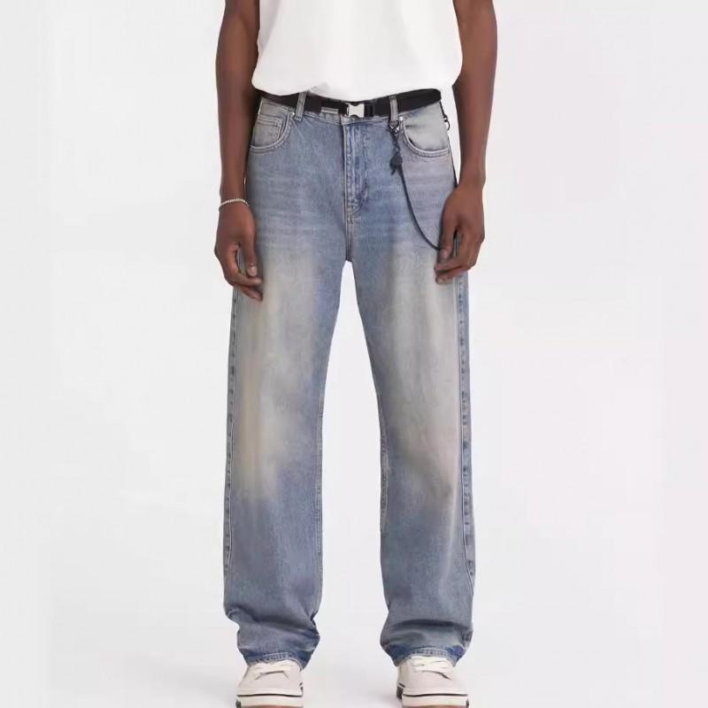 Mens Washed Vintage Denim Jeans Loose Fit Straight Leg Mid-Rise Casual Pants Fall
