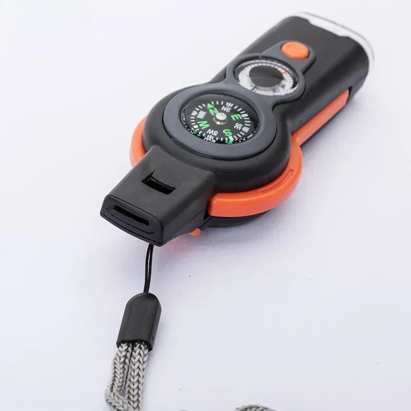 7 in 1 Survival Whistle High Decibel Rescue Whistle with LED Light Thermometer Compass Survival Reflective Signal Mirror