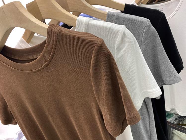 Tricou slim fit cu guler rotund pentru femei 2024 – elastic, cu fir și versatil pentru vară