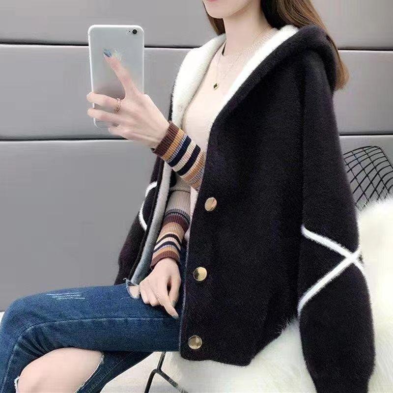 Mink Jacket Women's Autumn and Winter Loose Plus Size Thickened Knitted Hooded Cardigan
