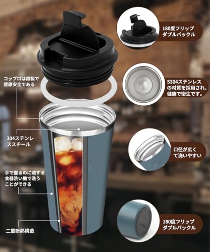 OCTERR Vacuum Insulated Stainless Steel Mug with Lid, Perfect for Travel, Direct Drip Coffee, and Gifts (Grayish Blue, 380ml)
